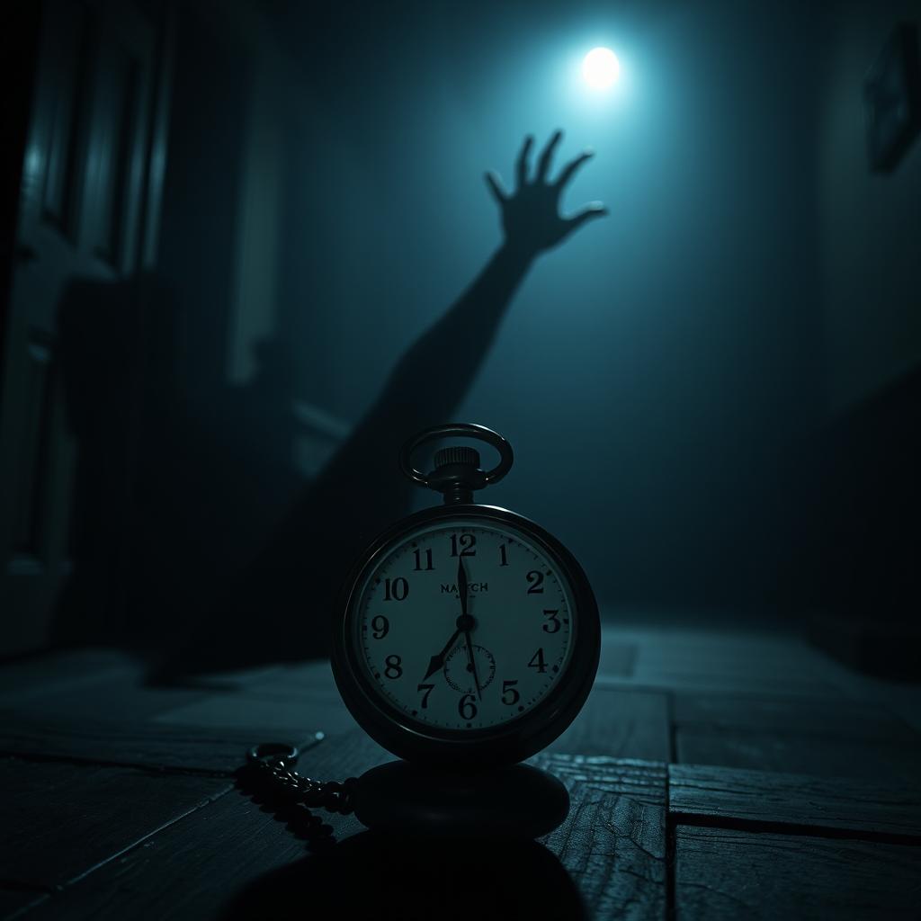 A dimly lit scene from a horror movie titled 'The Watch', featuring a vintage palm watch prominently displayed in the foreground