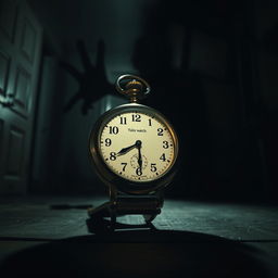 A dimly lit scene from a horror movie titled 'The Watch', featuring a vintage palm watch prominently displayed in the foreground