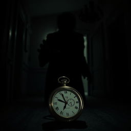 A dimly lit scene from a horror movie titled 'The Watch', featuring a vintage palm watch prominently displayed in the foreground