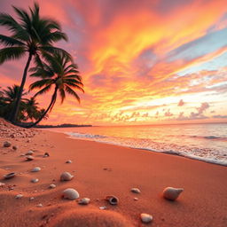 A captivating sunset scene highlighting a stunning blend of orange, pink, and purple hues illuminating the sky above a serene beach