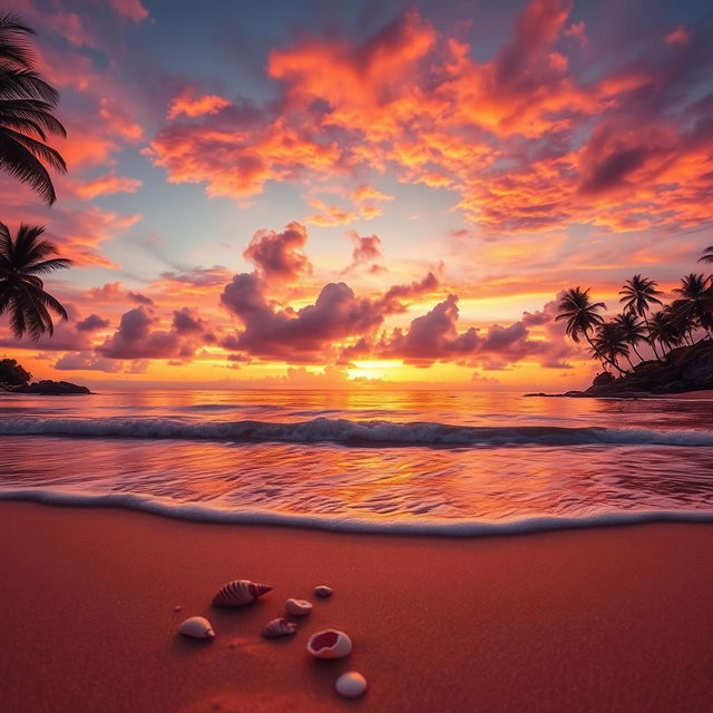 A captivating sunset scene highlighting a stunning blend of orange, pink, and purple hues illuminating the sky above a serene beach