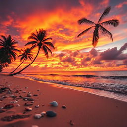 A captivating sunset scene highlighting a stunning blend of orange, pink, and purple hues illuminating the sky above a serene beach