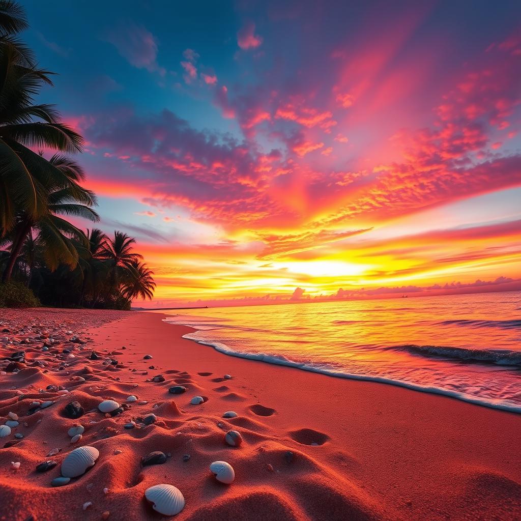 A captivating sunset scene highlighting a stunning blend of orange, pink, and purple hues illuminating the sky above a serene beach