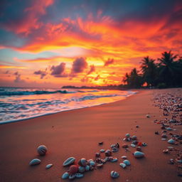 A captivating sunset scene that features a stunning array of orange, pink, and purple hues beautifully blending in the sky above a serene beach