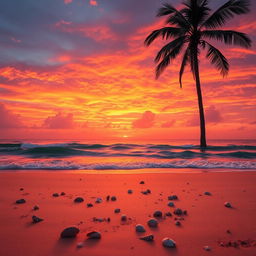A captivating sunset scene that features a stunning array of orange, pink, and purple hues beautifully blending in the sky above a serene beach