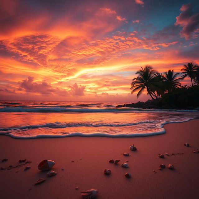 A captivating sunset scene that features a stunning array of orange, pink, and purple hues beautifully blending in the sky above a serene beach