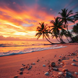 A captivating sunset scene that features a stunning array of orange, pink, and purple hues beautifully blending in the sky above a serene beach