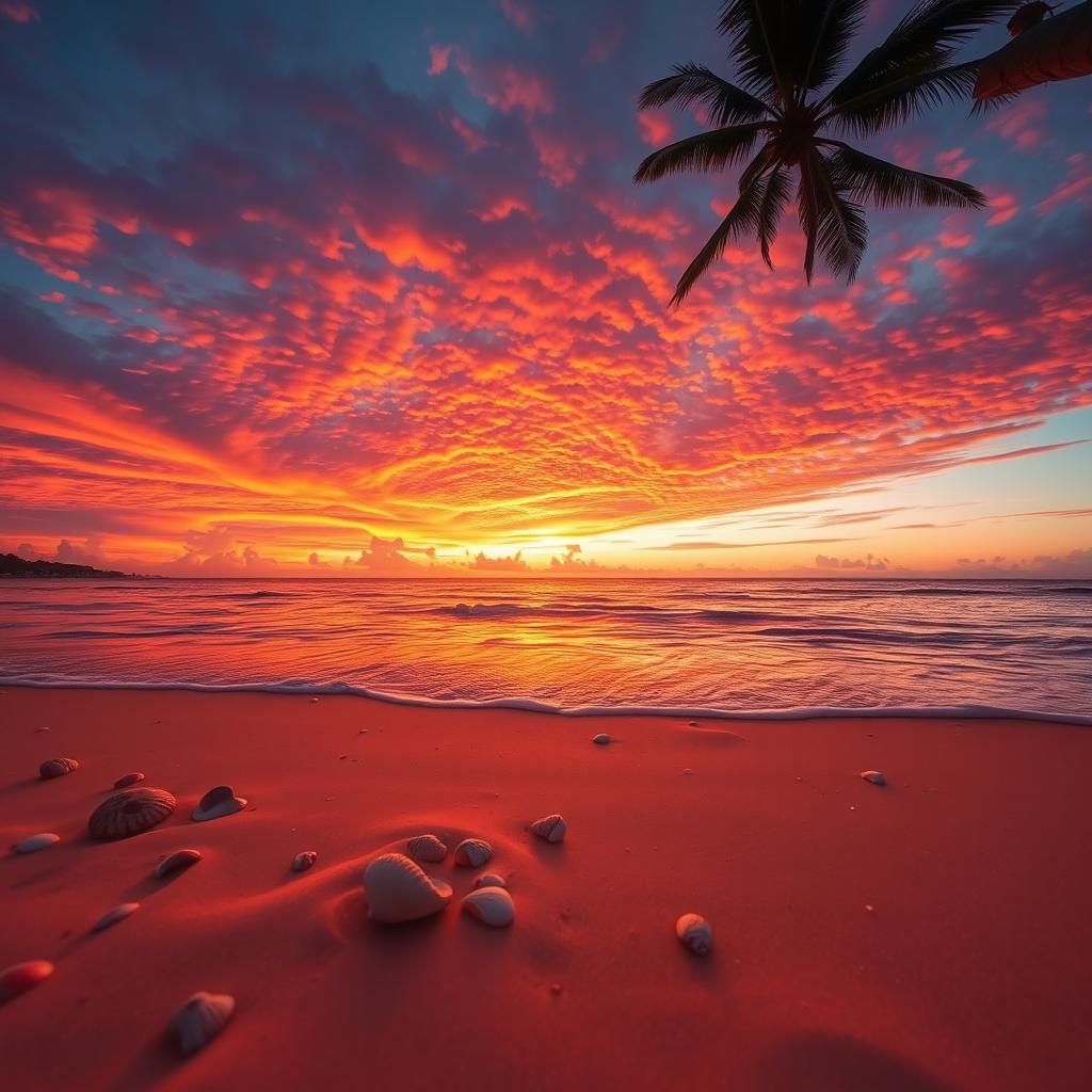 A captivating sunset scene showcasing a mesmerizing blend of orange, pink, and purple hues adorning the sky over a tranquil beach