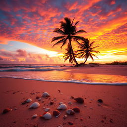 A captivating sunset scene showcasing a mesmerizing blend of orange, pink, and purple hues adorning the sky over a tranquil beach