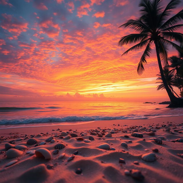 A captivating sunset scene showcasing a mesmerizing blend of orange, pink, and purple hues adorning the sky over a tranquil beach