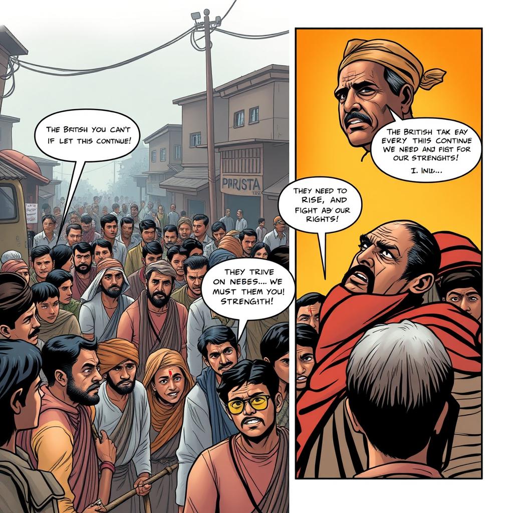 A captivating comic strip page illustrating a crowded street in 1942 India, where villagers dressed in traditional Indian clothing gather in a somber atmosphere that reflects signs of poverty and despair