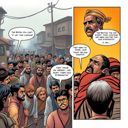 A captivating comic strip page illustrating a crowded street in 1942 India, where villagers dressed in traditional Indian clothing gather in a somber atmosphere that reflects signs of poverty and despair