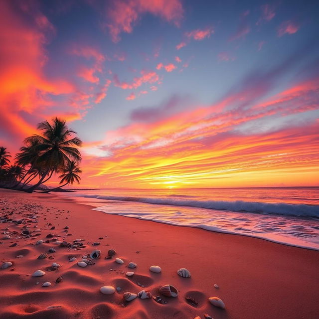 A captivating sunset scene featuring a breathtaking array of orange, pink, and purple hues blending seamlessly in the sky over a tranquil beach