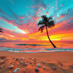A captivating sunset scene featuring a breathtaking array of orange, pink, and purple hues blending seamlessly in the sky over a tranquil beach