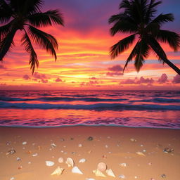 A captivating sunset scene featuring a breathtaking array of orange, pink, and purple hues blending seamlessly in the sky over a tranquil beach