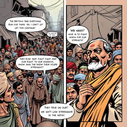 A captivating comic strip page illustrating a crowded street in 1942 India, where villagers dressed in traditional Indian clothing gather in a somber atmosphere that reflects signs of poverty and despair