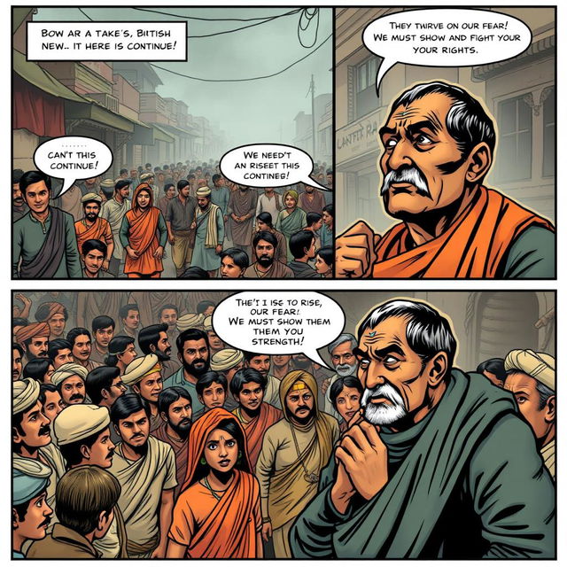 A captivating comic strip page illustrating a crowded street in 1942 India, where villagers dressed in traditional Indian clothing gather in a somber atmosphere that reflects signs of poverty and despair