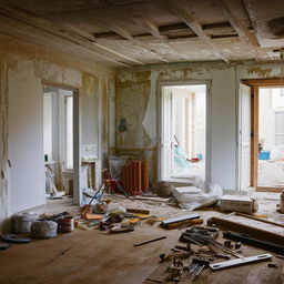 A house in the middle of a massive renovation, with construction material and tools lying around, yet still keeping its charm.