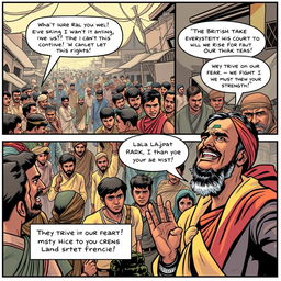 A captivating comic strip page illustrating a crowded street in 1942 India, where villagers dressed in traditional Indian clothing gather in a somber atmosphere that reflects signs of poverty and despair