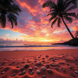 A captivating sunset scene featuring a breathtaking array of orange, pink, and purple hues blending seamlessly in the sky over a tranquil beach