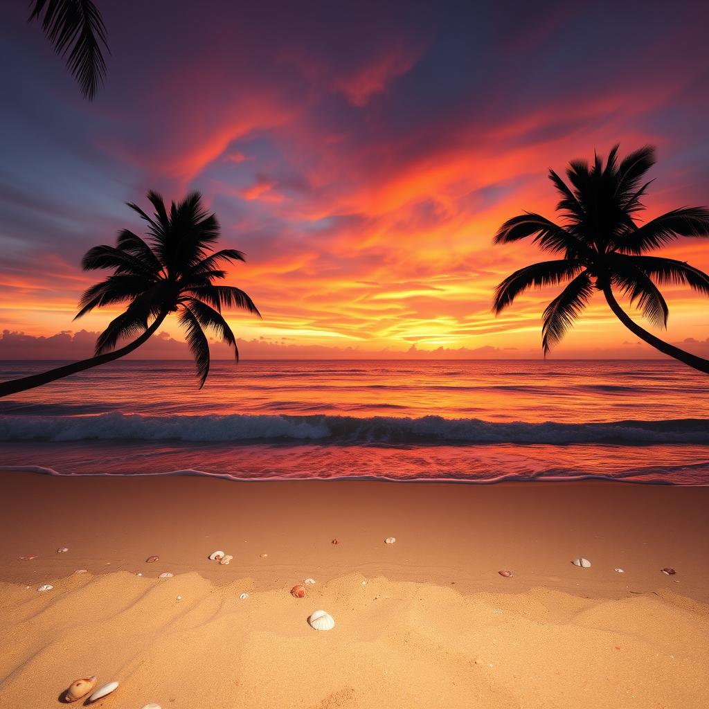 A captivating sunset scene showcasing a breathtaking palette of orange, pink, and purple hues gracefully blending in the sky over a serene beach