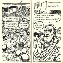 A hand-drawn comic strip page that vividly captures a crowded street in 1942 India, showcasing people dressed in traditional clothing, embodying signs of poverty and despair