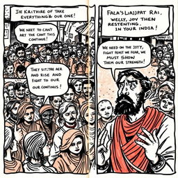 A hand-drawn comic strip page that vividly captures a crowded street in 1942 India, showcasing people dressed in traditional clothing, embodying signs of poverty and despair