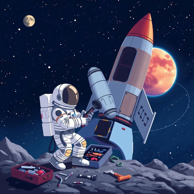 An astronaut working on a space shuttle on the moon's surface, surrounded by tools and equipment