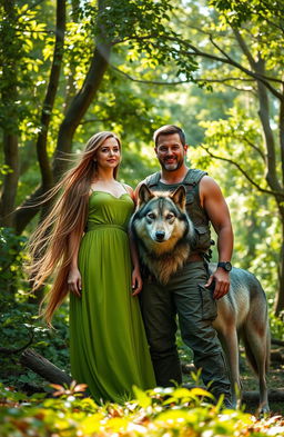 A striking image featuring a woman and a man standing together in a lush forest setting