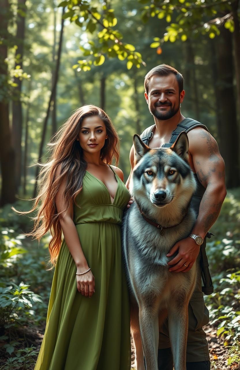 A striking image featuring a woman and a man standing together in a lush forest setting