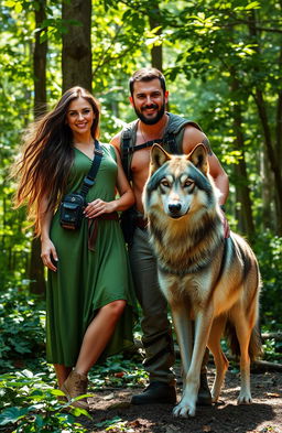 A striking image featuring a woman and a man standing together in a lush forest setting