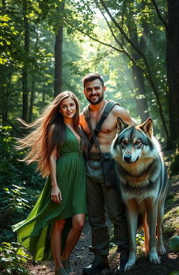 A striking image featuring a woman and a man standing together in a lush forest setting