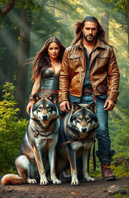 A dynamic scene featuring a woman standing confidently beside a strong and majestic man, both exuding a sense of adventure and companionship