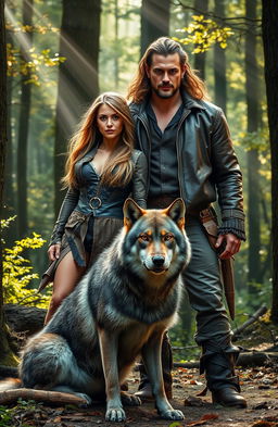 A dynamic scene featuring a woman standing confidently beside a strong and majestic man, both exuding a sense of adventure and companionship