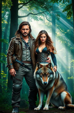 A dynamic scene featuring a woman standing confidently beside a strong and majestic man, both exuding a sense of adventure and companionship