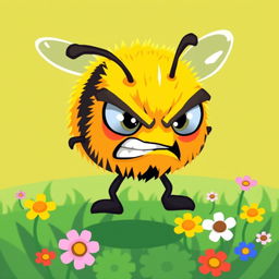 An angry bumblebee character designed in vibrant pixel art style