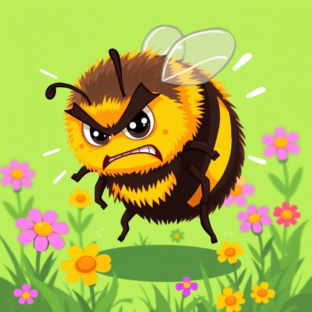 An angry bumblebee character designed in vibrant pixel art style