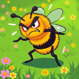 An angry bumblebee character designed in vibrant pixel art style