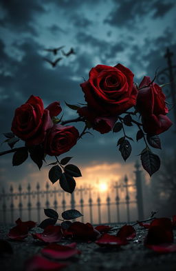 A dark and moody scene depicting a gothic romantic theme, featuring blood-red roses entwined with sharp, black thorns
