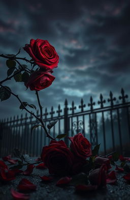 A dark and moody scene depicting a gothic romantic theme, featuring blood-red roses entwined with sharp, black thorns