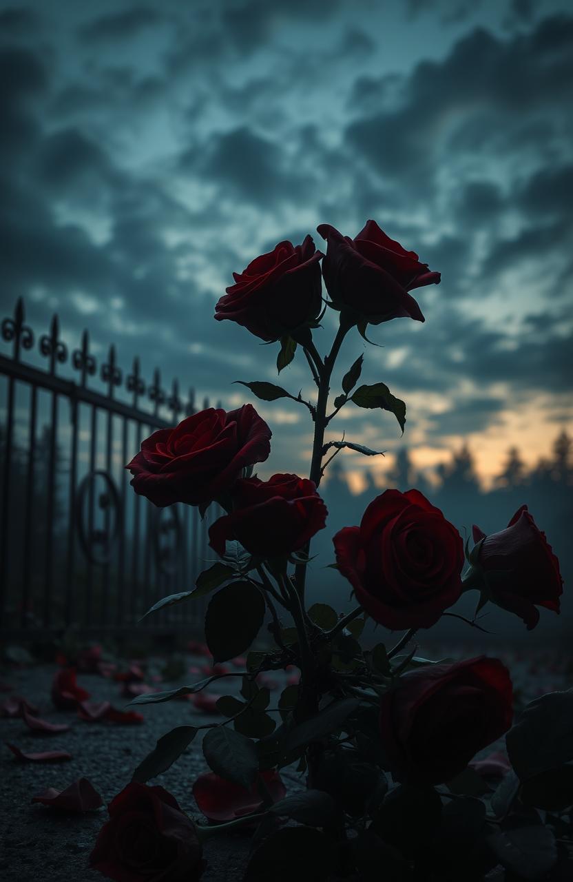 A dark and moody scene depicting a gothic romantic theme, featuring blood-red roses entwined with sharp, black thorns