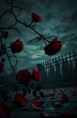 A dark and moody scene depicting a gothic romantic theme, featuring blood-red roses entwined with sharp, black thorns