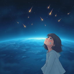 An emotional scene depicting a person abandoning their owner in the vastness of space, with a girl crying on a distant planet that resembles Earth, surrounded by vast oceans