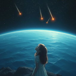 An emotional scene depicting a person abandoning their owner in the vastness of space, with a girl crying on a distant planet that resembles Earth, surrounded by vast oceans