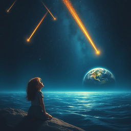 An emotional scene depicting a person abandoning their owner in the vastness of space, with a girl crying on a distant planet that resembles Earth, surrounded by vast oceans