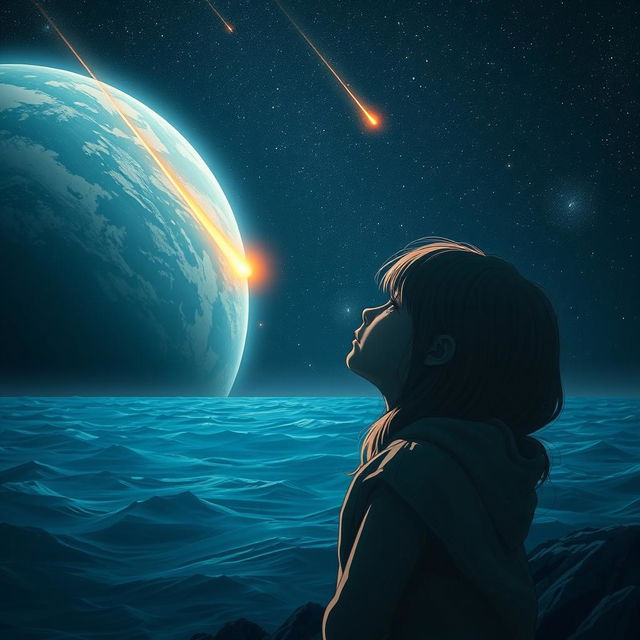 An emotional scene depicting a person abandoning their owner in the vastness of space, with a girl crying on a distant planet that resembles Earth, surrounded by vast oceans