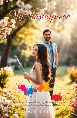 A romantic book cover depicting a young woman standing in a sunlit garden, holding a paintbrush with colorful splashes of paint around her, symbolizing her growth and creativity