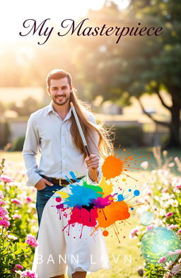 A romantic book cover depicting a young woman standing in a sunlit garden, holding a paintbrush with colorful splashes of paint around her, symbolizing her growth and creativity