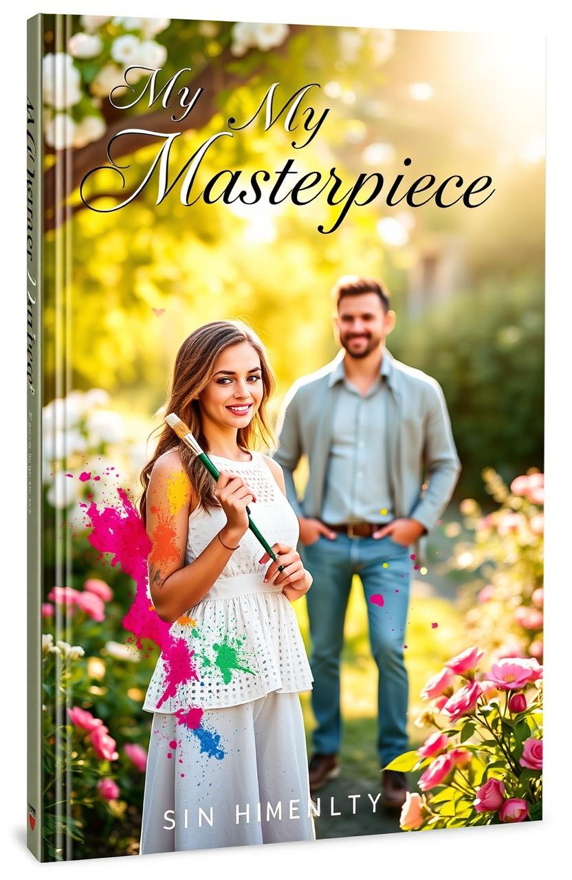 A romantic book cover depicting a young woman standing in a sunlit garden, holding a paintbrush with colorful splashes of paint around her, symbolizing her growth and creativity