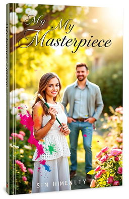 A romantic book cover depicting a young woman standing in a sunlit garden, holding a paintbrush with colorful splashes of paint around her, symbolizing her growth and creativity
